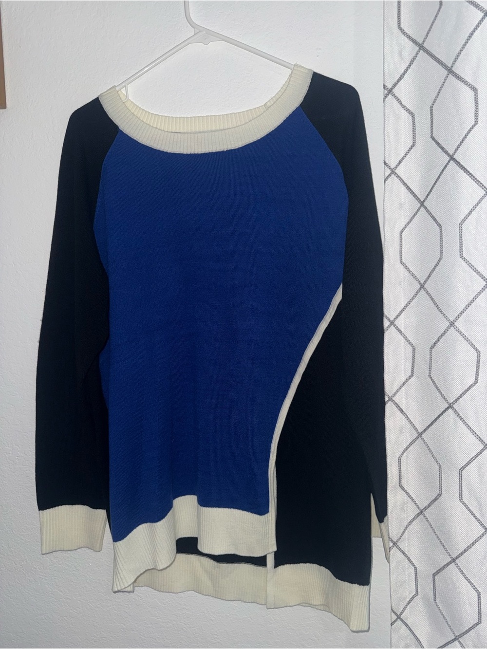 New York & Company Blue, Black & Cream Asymmetric Crewneck Sweater